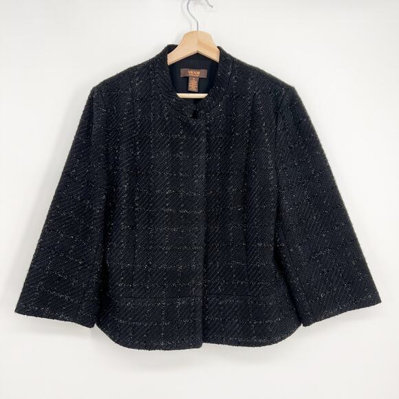 Victor Alfaro Wool Blend Jacket Blazer Plus Size 14 Black Tweed Windowpane Crop - Picture 1 of 8